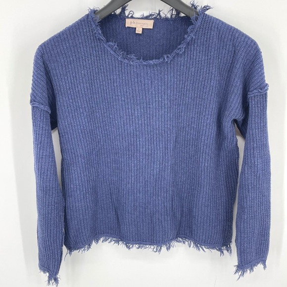 Philosophy Blue Frayed Hem Cotton Knit Sweater Long Sleeve Size L - Picture 1 of 11